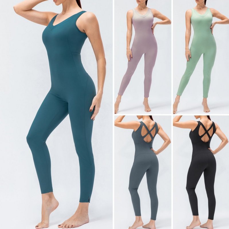 Women Yoga Jumpsuit with Pockets Sleeveless Leggings Open Back Fitness Workout Bodysuit Rompers