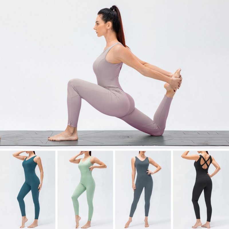 Women Yoga Jumpsuit with Pockets Sleeveless Leggings Open Back Fitness Workout Bodysuit Rompers