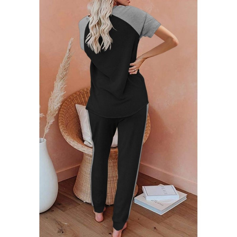 Black Colorblock Short Sleeves and Joggers Sports Set