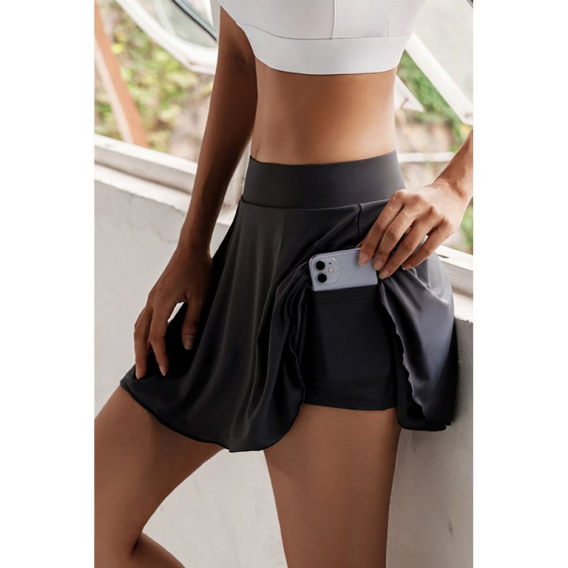 Black Solid Color Ruffled Two-Layered Yoga Skort