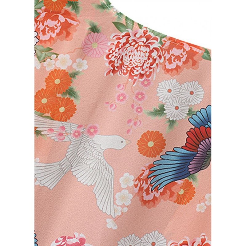 New Women Chiffon Kimono Cardigan Floral Print Long Sleeve Loose Outerwear Bikini Cover Up Orange