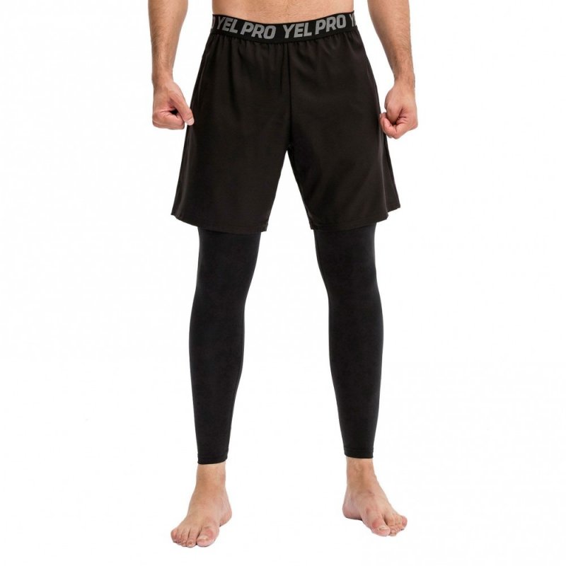 Men 2-in-1 Running Pants Elastic Waist Pockets Stretchy Moisture-wicking Leggings Athletic Workout Tights